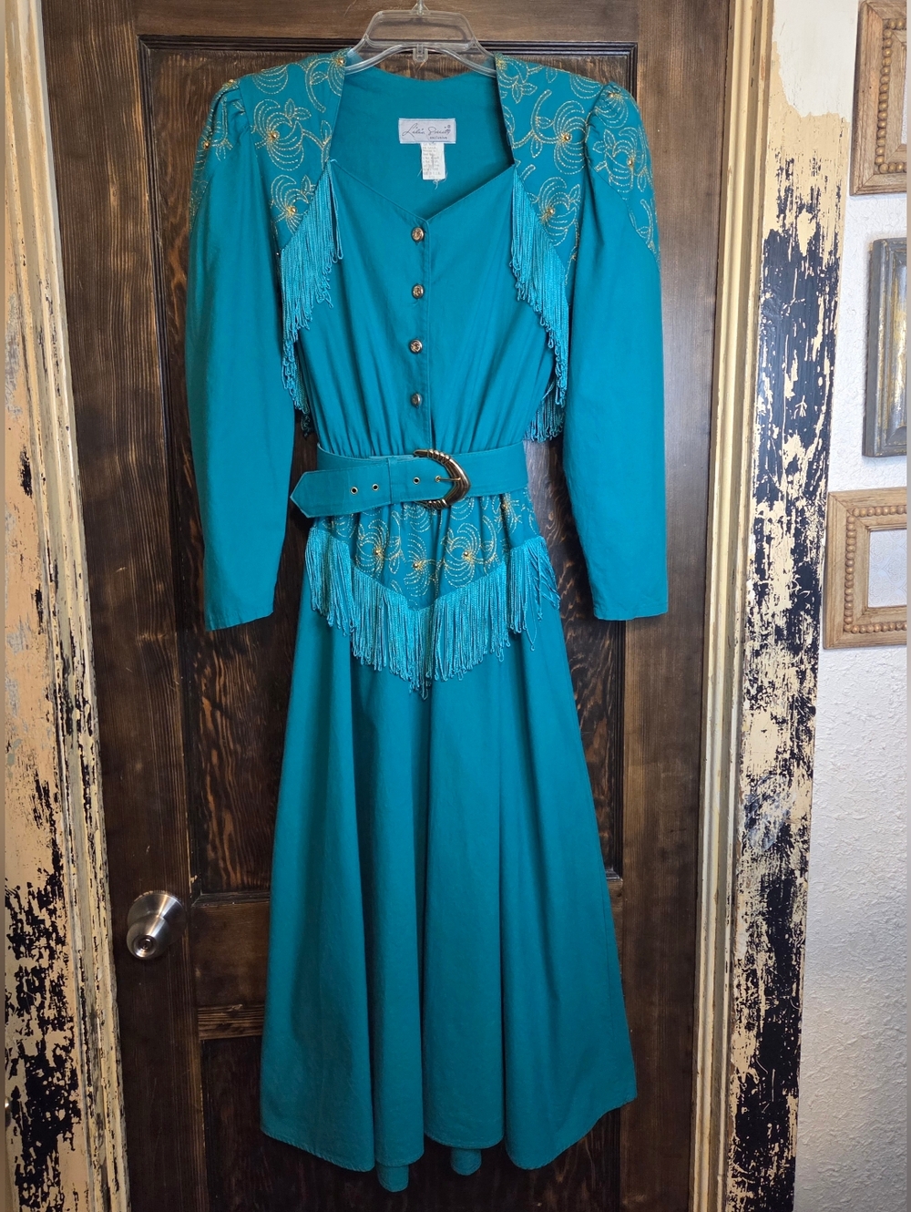 *Vntg 80s* Lilia Smitty Western Fringe Teal Button-Front Boho Midi Dress w/ Belt